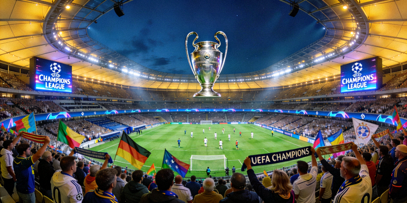 欧洲冠军联赛比赛现场全景图，展示球场与球迷氛围