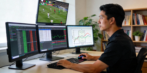 足球数据分析师正在使用多屏电脑进行赛事数据研究与图表绘制